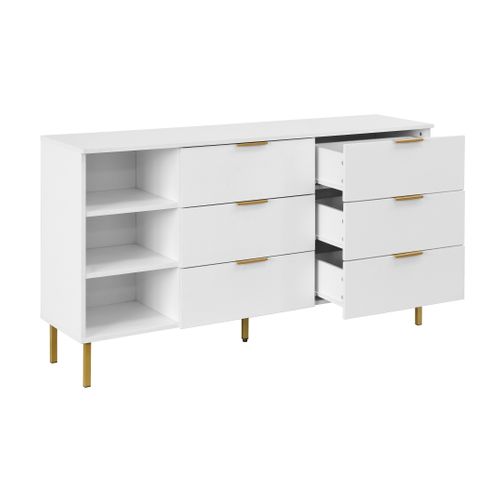 Commode 6 tiroirs ALMA blanc avec pieds dorés