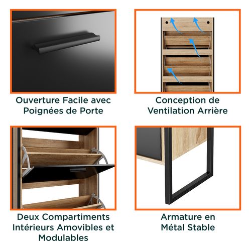 Meuble à Chaussure Industriel 18 Paires, Pour Entrée, Couloir - Noir Bois Clair