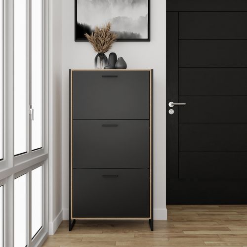 Meuble à Chaussure Industriel 18 Paires, Pour Entrée, Couloir - Noir Bois Clair