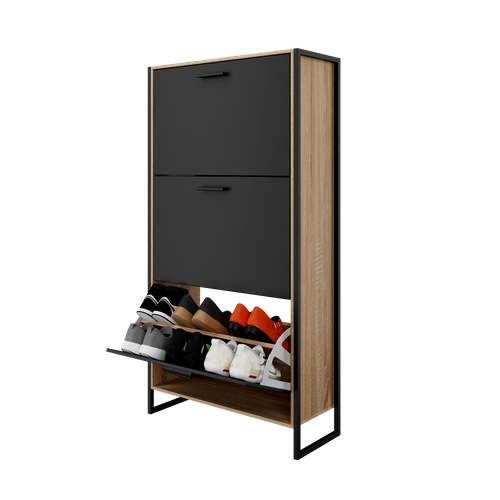 Meuble à Chaussure Industriel 18 Paires, Pour Entrée, Couloir - Noir Bois Clair