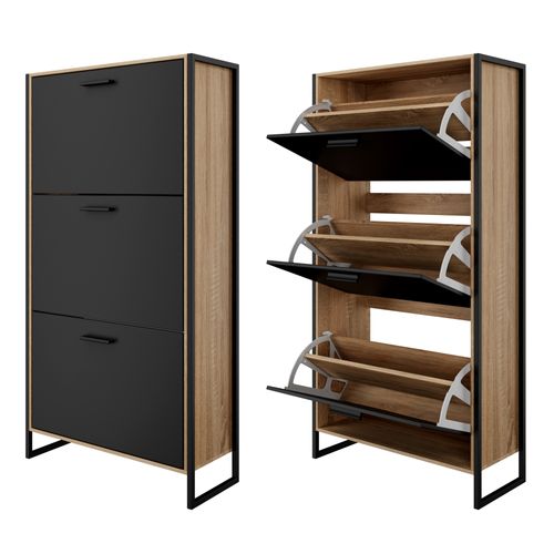 Meuble à Chaussure Industriel 18 Paires, Pour Entrée, Couloir - Noir Bois Clair