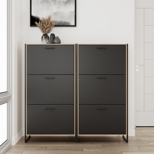 Meuble à Chaussure Industriel 18 Paires, Pour Entrée, Couloir - Noir Bois Clair