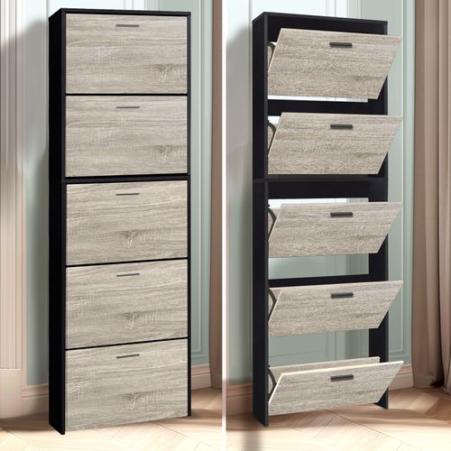 Meuble Rangement Chaussure 15 Paires - Pour Entree Couloir - 60x17x180 Cm - Noir Bois Clair