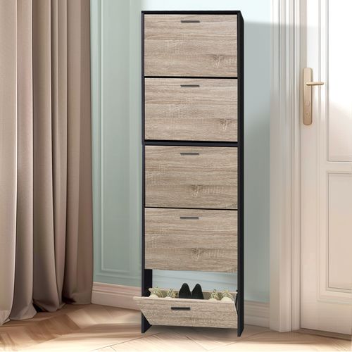 Meuble Rangement Chaussure 15 Paires - Pour Entree Couloir - 60x17x180 Cm - Noir Bois Clair