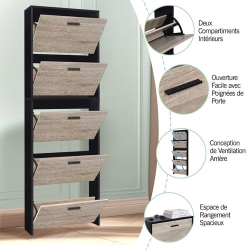 Meuble Rangement Chaussure 15 Paires - Pour Entree Couloir - 60x17x180 Cm - Noir Bois Clair