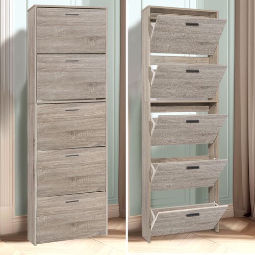 Meuble Rangement Chaussure 15 Paires - Pour Entree Couloir - 60x17x180 Cm - Bois Clair