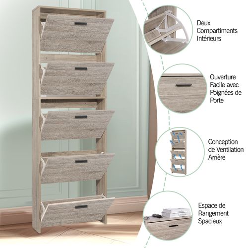 Meuble Rangement Chaussure 15 Paires - Pour Entree Couloir - 60x17x180 Cm - Bois Clair