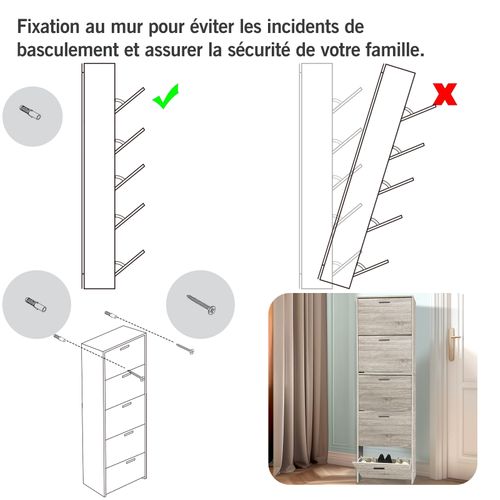 Meuble Rangement Chaussure 15 Paires - Pour Entree Couloir - 60x17x180 Cm - Bois Clair