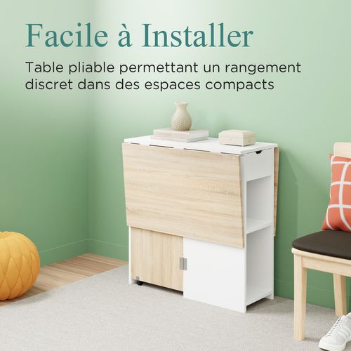 Table à Manger Pliable Rangement Central - Salle à Manger, Cuisine - Centre Blanc Plateau Bois Clair