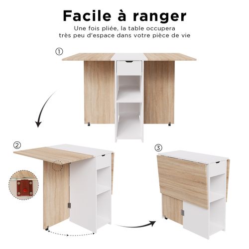 Table à Manger Pliable Rangement Central - Salle à Manger, Cuisine - Centre Blanc Plateau Bois Clair