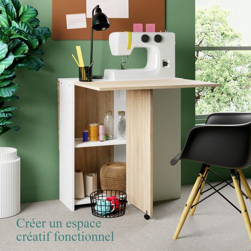 Table à Manger Pliable Rangement Central - Salle à Manger, Cuisine - Centre Blanc Plateau Bois Clair