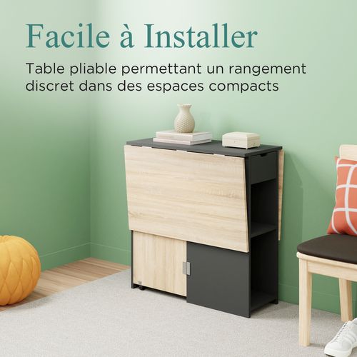 Table à Manger Pliable Rangement Central - Salle à Manger, Cuisine - Centre Noir Plateau Bois Clair