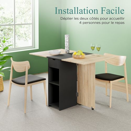 Table à Manger Pliable Rangement Central - Salle à Manger, Cuisine - Centre Noir Plateau Bois Clair