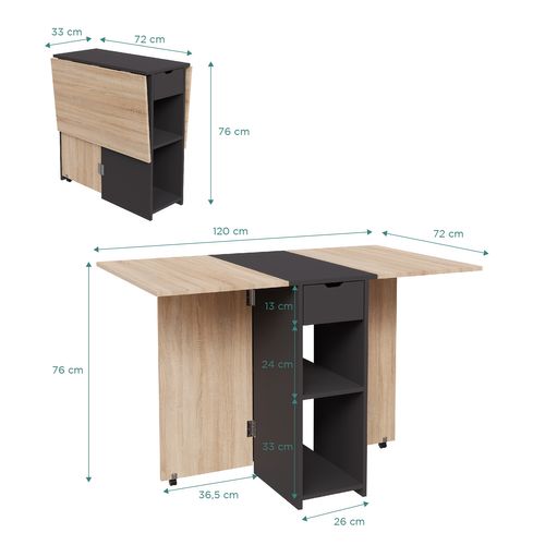 Table à Manger Pliable Rangement Central - Salle à Manger, Cuisine - Centre Noir Plateau Bois Clair
