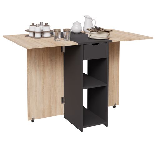 Table à Manger Pliable Rangement Central - Salle à Manger, Cuisine - Centre Noir Plateau Bois Clair