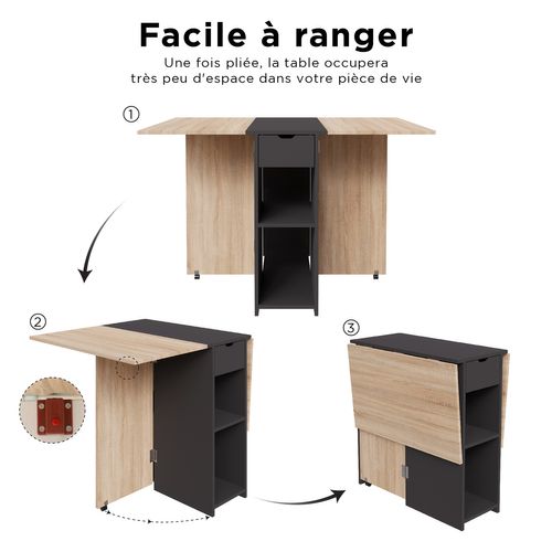 Table à Manger Pliable Rangement Central - Salle à Manger, Cuisine - Centre Noir Plateau Bois Clair