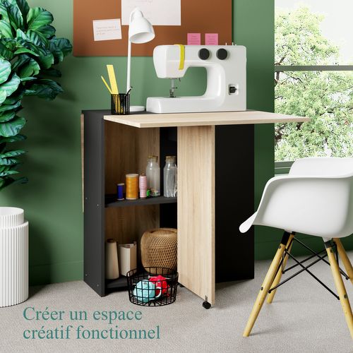 Table à Manger Pliable Rangement Central - Salle à Manger, Cuisine - Centre Noir Plateau Bois Clair