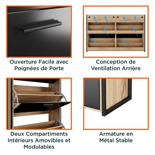 Meuble à Chaussure Industriel 24 Paires, Double Compartiment, Pour Entrée, Couloir - Noir Bois Clair