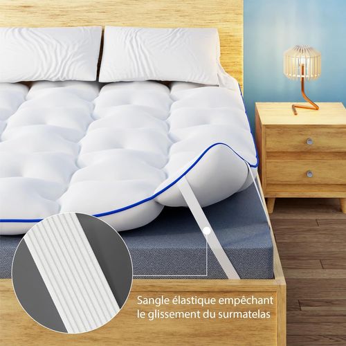 Surmatelas Diamant 150 X 200 Cm En Microfibre - Liseré Bleu - Moelleux, Antiacarien, Respirant