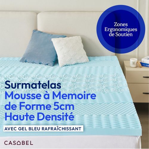 Surmatelas 140 x 190 Cm Mousse à Memoire De Forme 5 Cm - Zones Ergnomiques - Gel Infusé Bleu