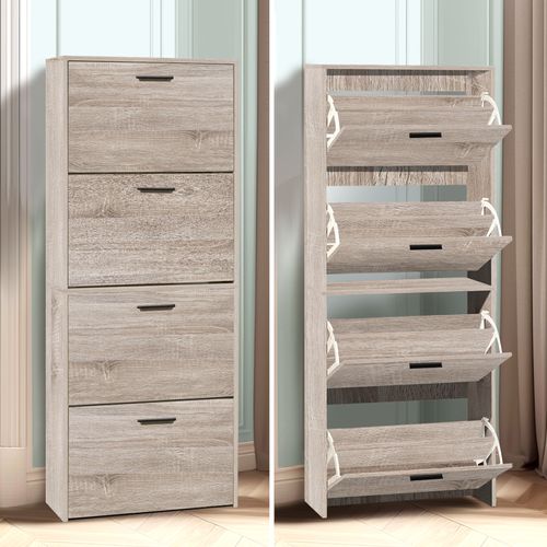 Meuble Rangement Chaussure 24 Paires - Pour Entree Couloir - 60x24x150 Cm - Bois Clair