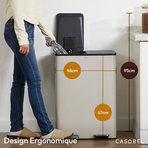 Poubelle Tri Sélectif 60 L, Double Compartiment 2x30l, Acier Gris Mineral, Rectangulaire à Pédales