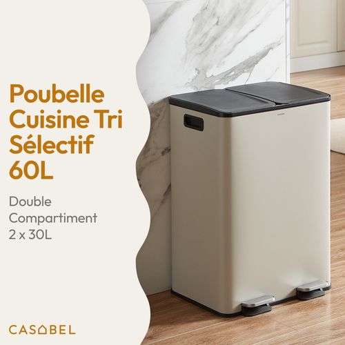 Poubelle Tri Sélectif 60 L, Double Compartiment 2x30l, Acier Gris Mineral, Rectangulaire à Pédales