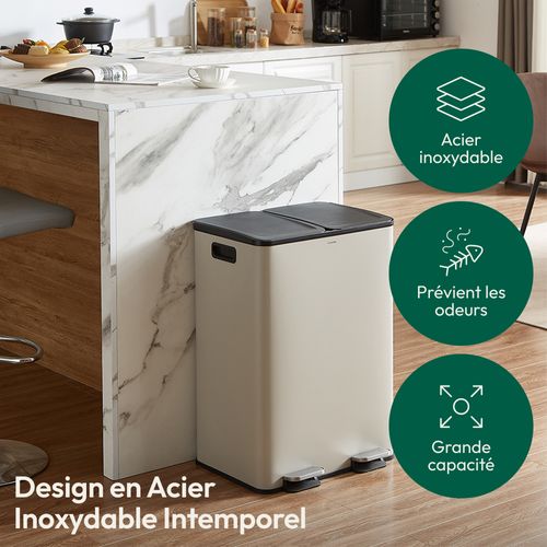 Poubelle Tri Sélectif 60 L, Double Compartiment 2x30l, Acier Gris Mineral, Rectangulaire à Pédales