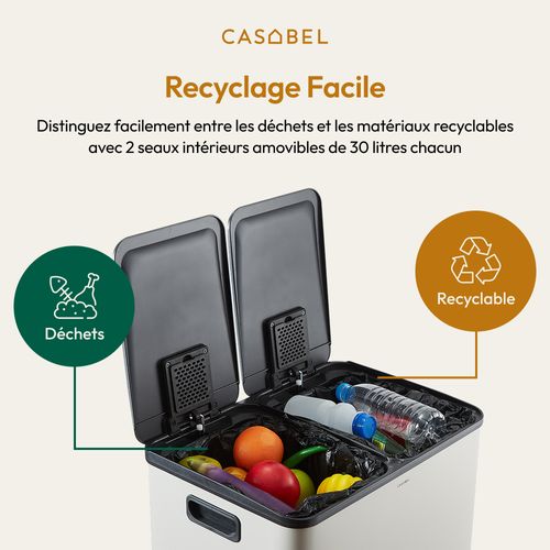 Poubelle Tri Sélectif 60 L, Double Compartiment 2x30l, Acier Gris Mineral, Rectangulaire à Pédales