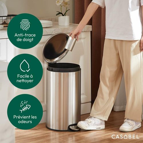 Poubelle Cuisine 30L en Acier Inoxydable, Anti-Traces, Ronde avec Pédale et Couvercle