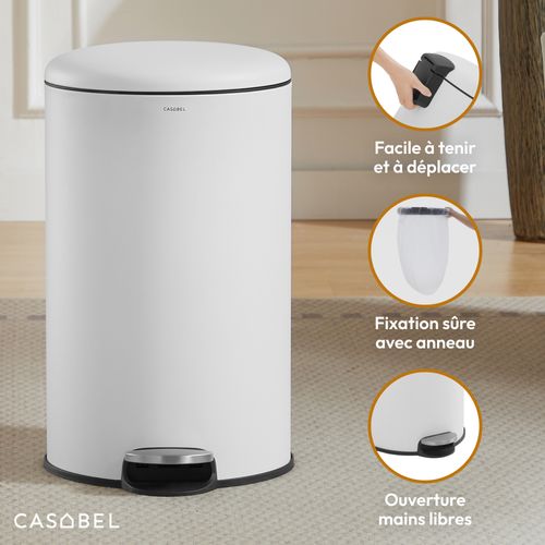 Poubelle 30l - Acier Inoxydable, Pédale Et Couvercle, Blanche
