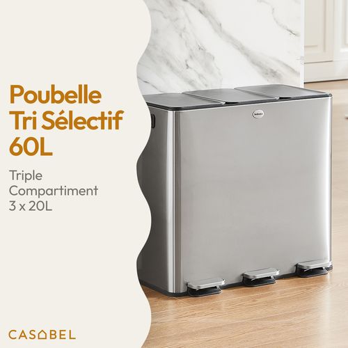 Poubelle Tri Sélectif 3x20l, Acier Inox Chrome, Poubelle 60l
