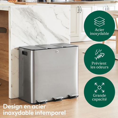 Poubelle Tri Sélectif 3x20l, Acier Inox Chrome, Poubelle 60l