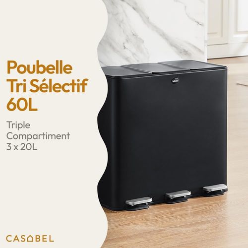 Casabel Poubelle Tri Sélectif 3x20l, Acier Inox Noir, Poubelle 60l Cuisine Rectangulaire à Pédales