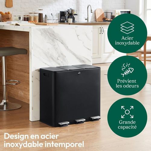 Casabel Poubelle Tri Sélectif 3x20l, Acier Inox Noir, Poubelle 60l Cuisine Rectangulaire à Pédales
