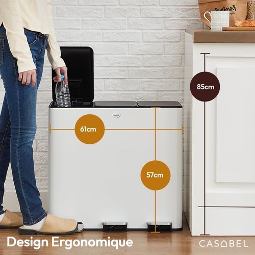 Poubelle Tri Sélectif 3x20l, Acier Inox Blanc, Poubelle 60l Cuisine Rectangulaire à Pédales