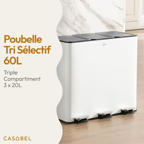Poubelle Tri Sélectif 3x20l, Acier Inox Blanc, Poubelle 60l Cuisine Rectangulaire à Pédales
