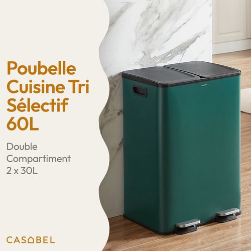 Poubelle 60l Verte, Double Compartiment, Couvercles Silencieux