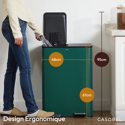 Poubelle 60l Verte, Double Compartiment, Couvercles Silencieux