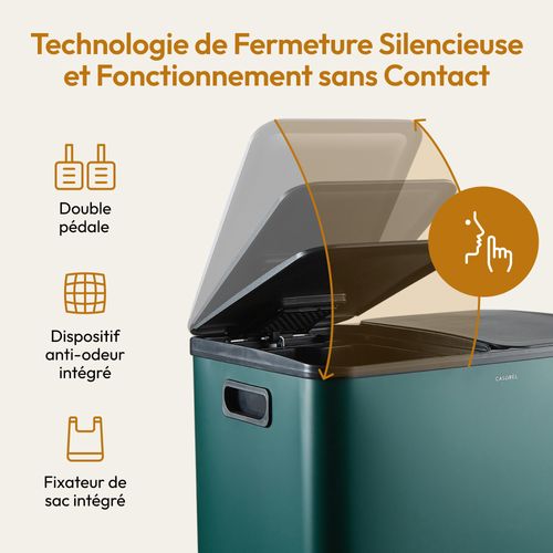 Poubelle 60l Verte, Double Compartiment, Couvercles Silencieux