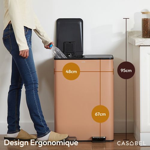 Poubelle Tri Sélectif 60 L, Double Compartiment 2x30l, Acier Terracotta, Rectangulaire à Pédales