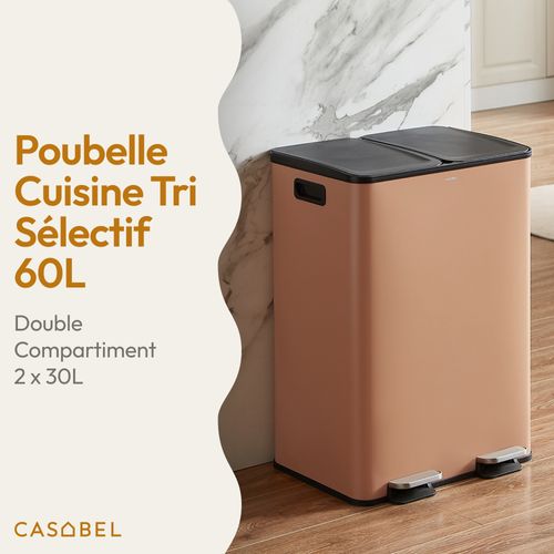 Poubelle Tri Sélectif 60 L, Double Compartiment 2x30l, Acier Terracotta, Rectangulaire à Pédales