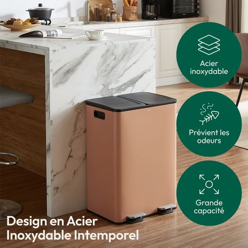 Poubelle Tri Sélectif 60 L, Double Compartiment 2x30l, Acier Terracotta, Rectangulaire à Pédales