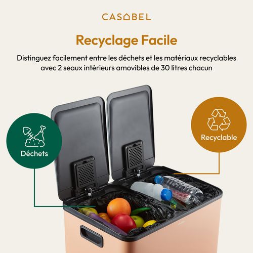 Poubelle Tri Sélectif 60 L, Double Compartiment 2x30l, Acier Terracotta, Rectangulaire à Pédales