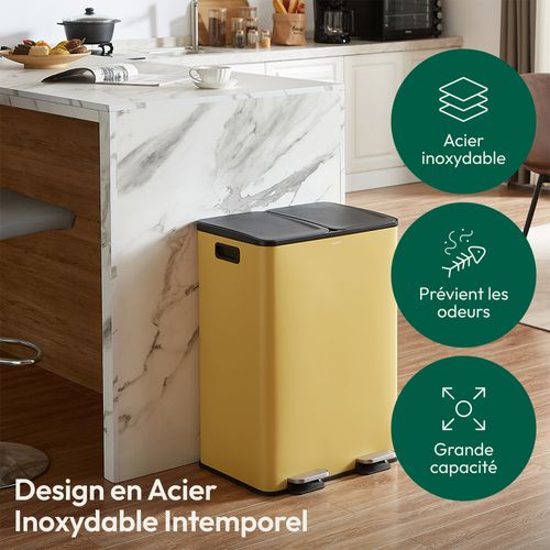 Poubelle 60l Ochre, Double Compartiment, Couvercles Silencieux