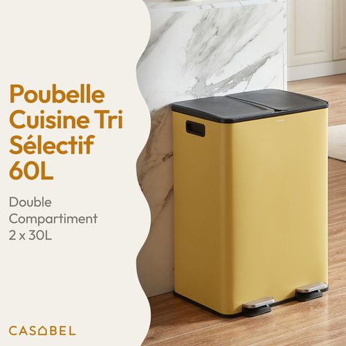 Poubelle 60l Ochre, Double Compartiment, Couvercles Silencieux