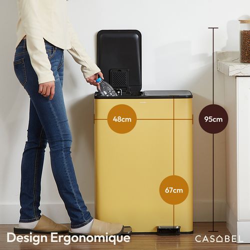 Poubelle 60l Ochre, Double Compartiment, Couvercles Silencieux