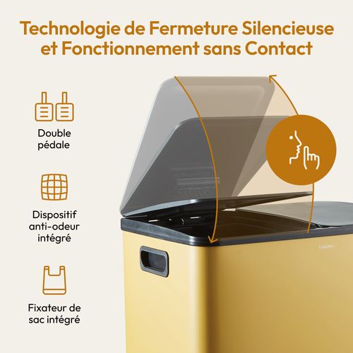 Poubelle 60l Ochre, Double Compartiment, Couvercles Silencieux