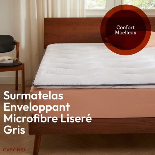 Surmatelas Enveloppant 120 X 195 Cm En Microfibre Respirante Avec Liseré Gris - Moelleux - 2 Places