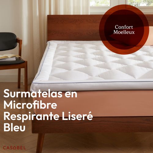 Surmatelas Douceur 140 X 200 Cm En Microfibre Respirante Avec Liseré Bleu – Moelleux  –  2 Places